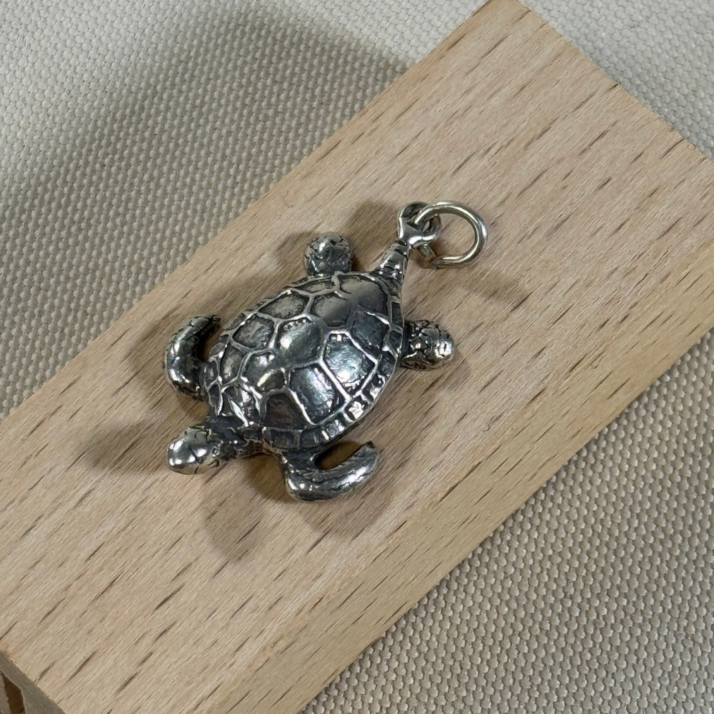 Sterling Silver Sea Turtle Charm Pendant Textured Beach Coastal Boho Seashore